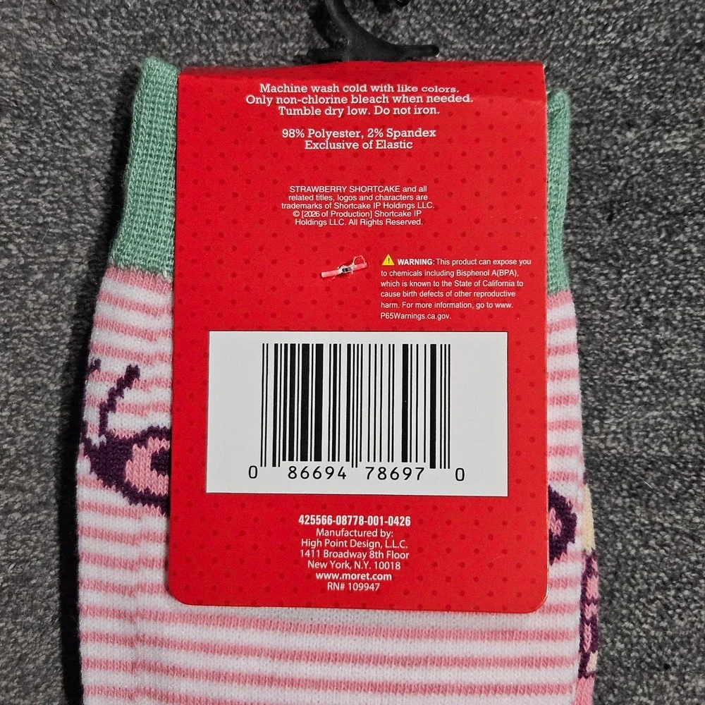 Strawberry Shortcake Pink Crew Socks Women Shoe Size 6.5-12 Retro Cartoon NWT